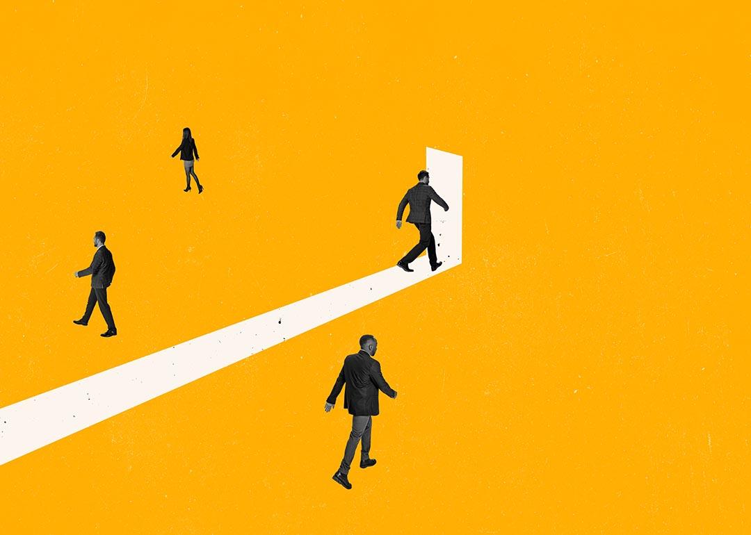Concept of truth telling illustrated by leader in business suit walking toward the light in a doorway while other people are wandering lost.