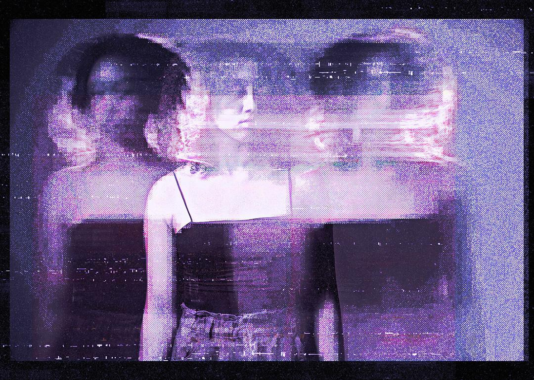 A custom graphic of a young woman illustrated with purple glitching effects.