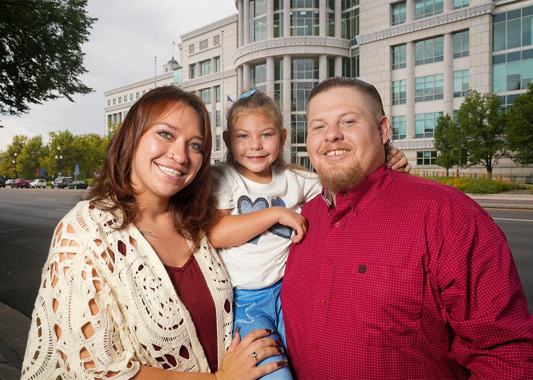 From left, Anyssa Zancanella, Azaylee Zancanella-McMicheal, and Danniel McMicheal stand in front of the Matheson Courthouse in Salt Lake City on Wednesday, Aug. 27, 2025. 