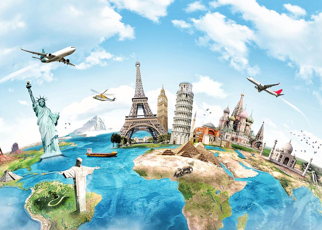 Illustration of the globe with the top tourist spots as a concept of traveling around the world.
