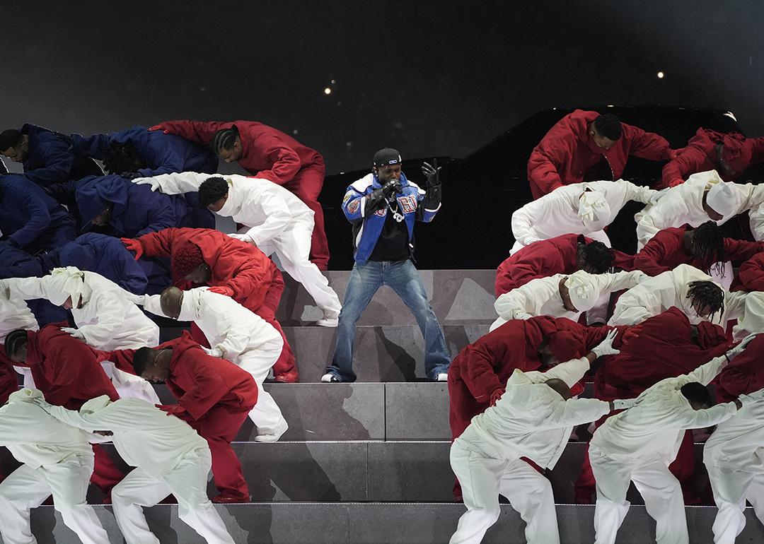 Kendrick Lamar on stage during his Super Bowl LIX Halftime Show.