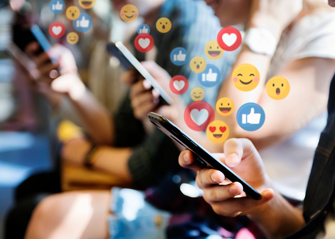 People using their phones on public transport illustrated with social media graphics.