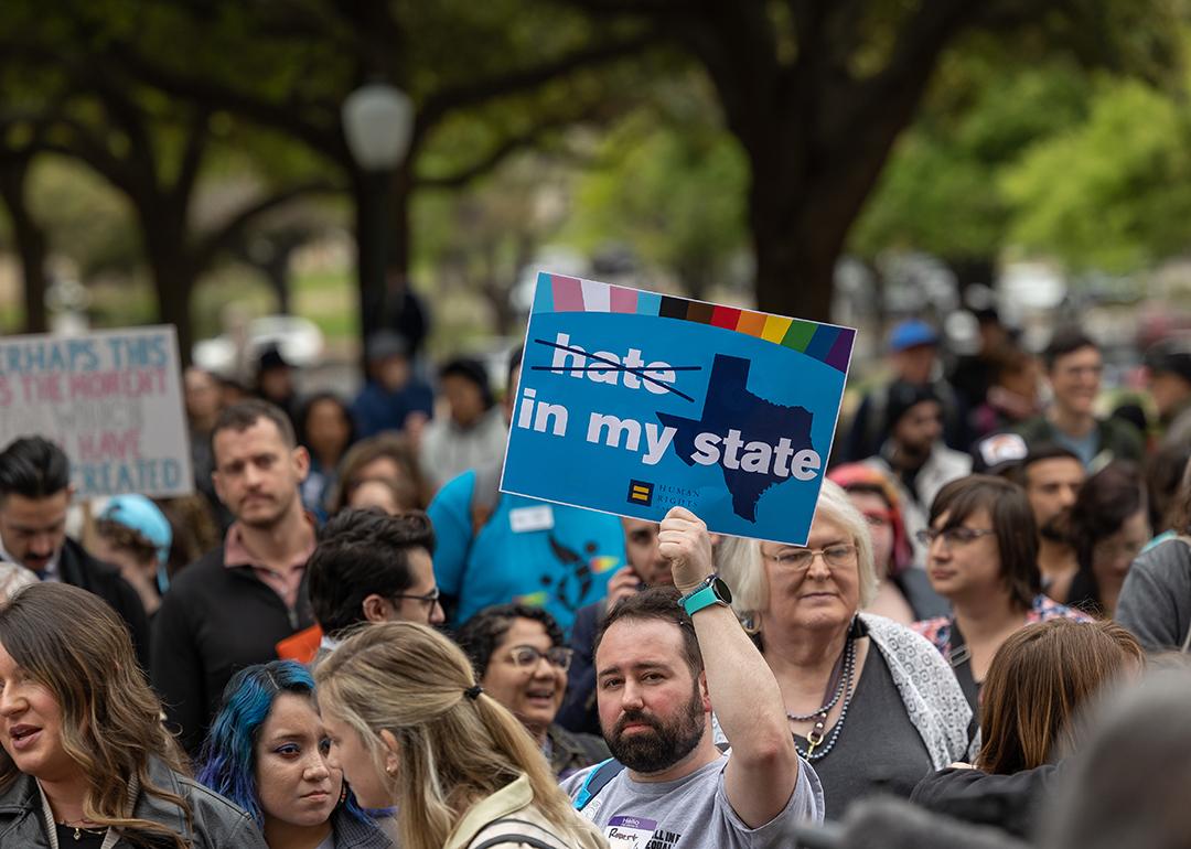 Supporters for trans rights rally at the Texas Capitol on March 20, 2023.