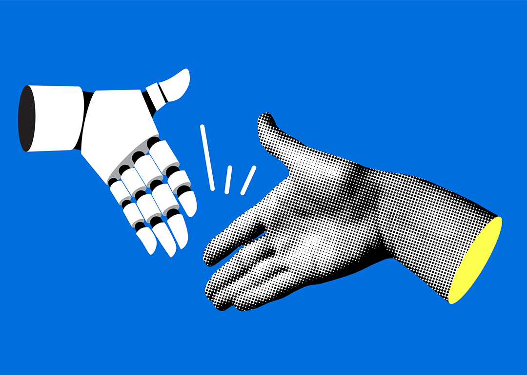 Collage on blue background of handshake between human and robot hands.