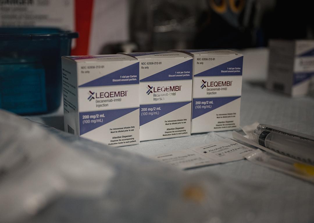 Three boxes of Leqembi, a newly FDA-approved Alzheimer's treatment drug.