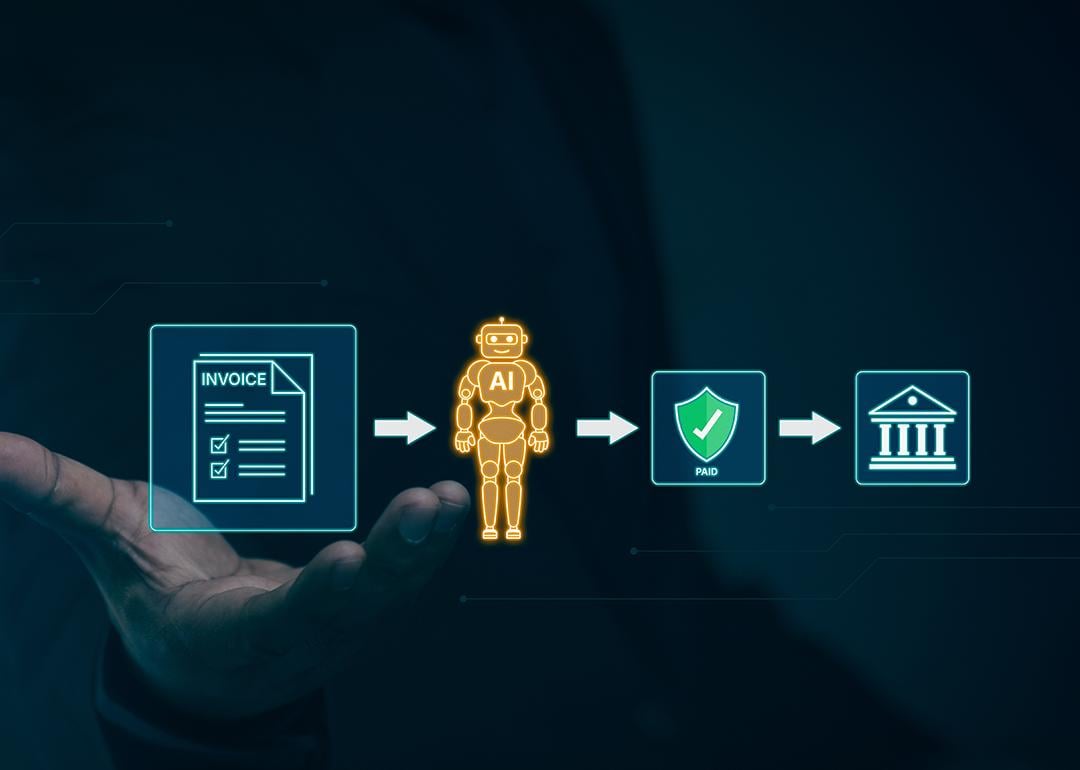 A set of graphics showing an automated invoice software process using AI.