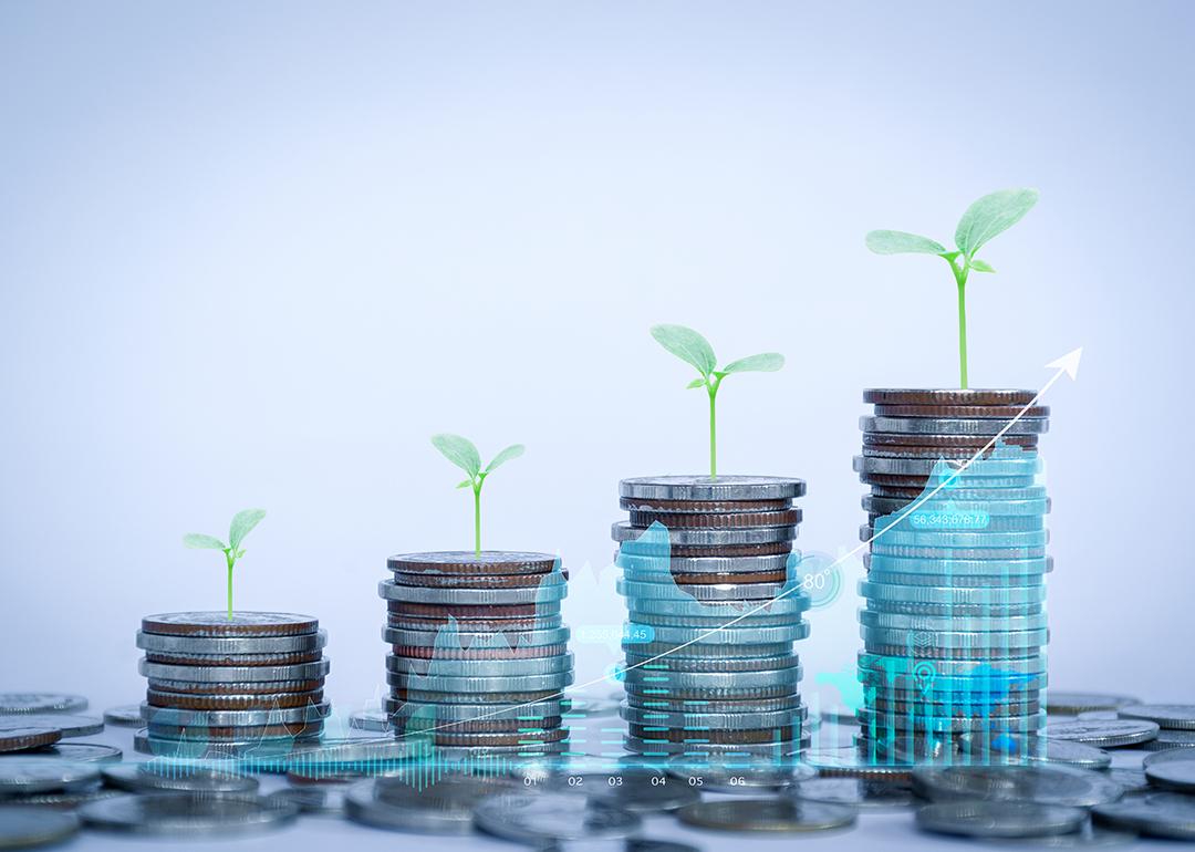 Row of coins illustrated with growing plants and finance charts.