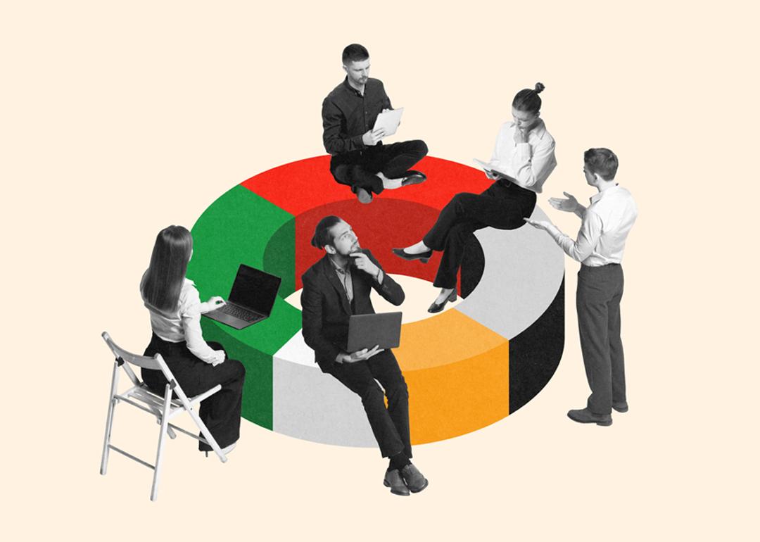 Collage of a group of employees sitting on a roundtable that looks like a pie chart.