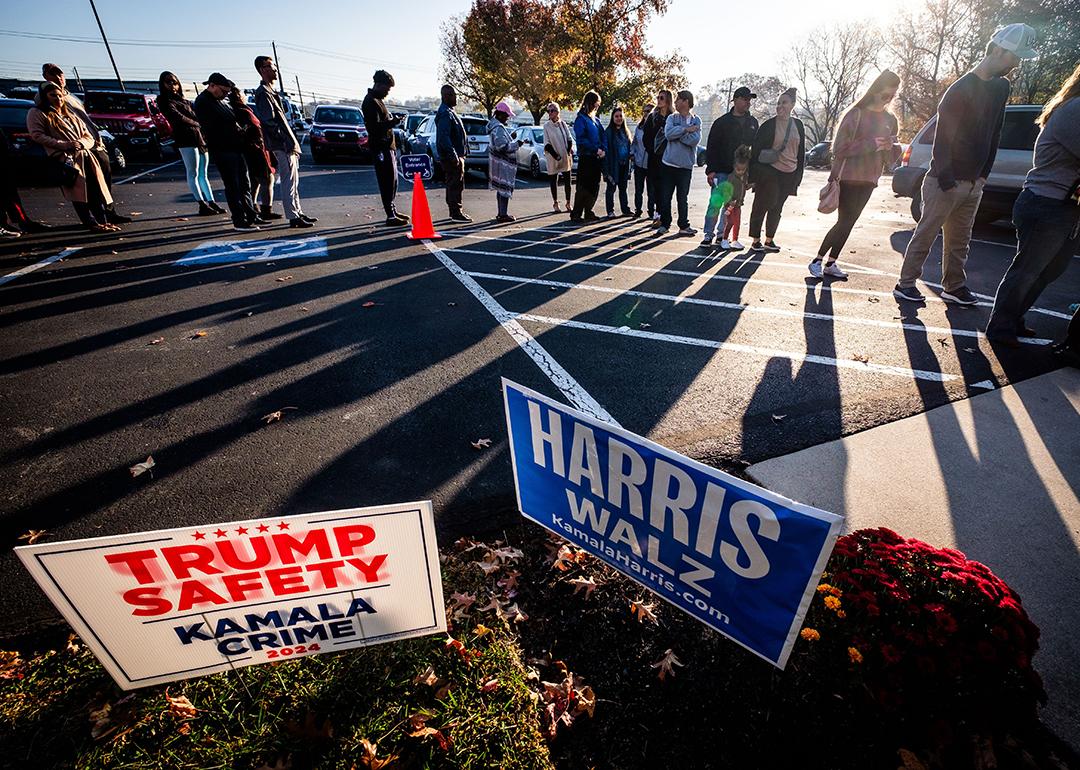 A long line of voters waits to vote during the 2024 U.S. Election at the Harrisburg First Assembly of God polling place in Harrisburg, Pennsylvania.
