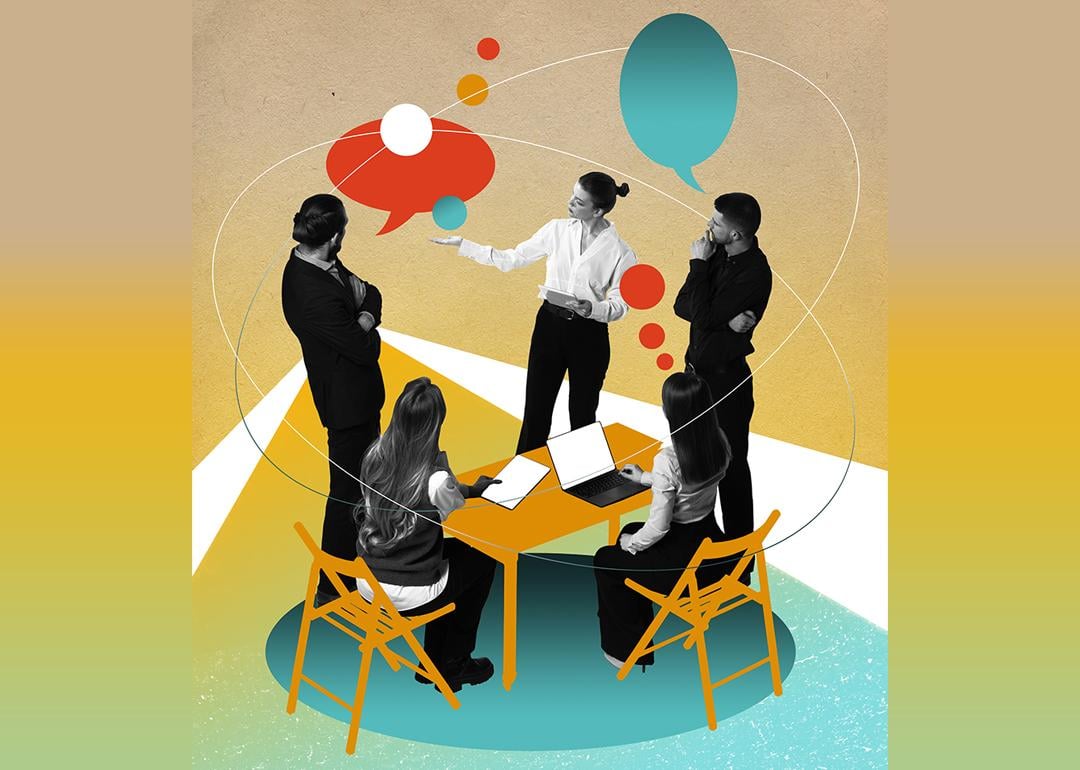 A collage-style illustration of a team meeting, working together on a new project.