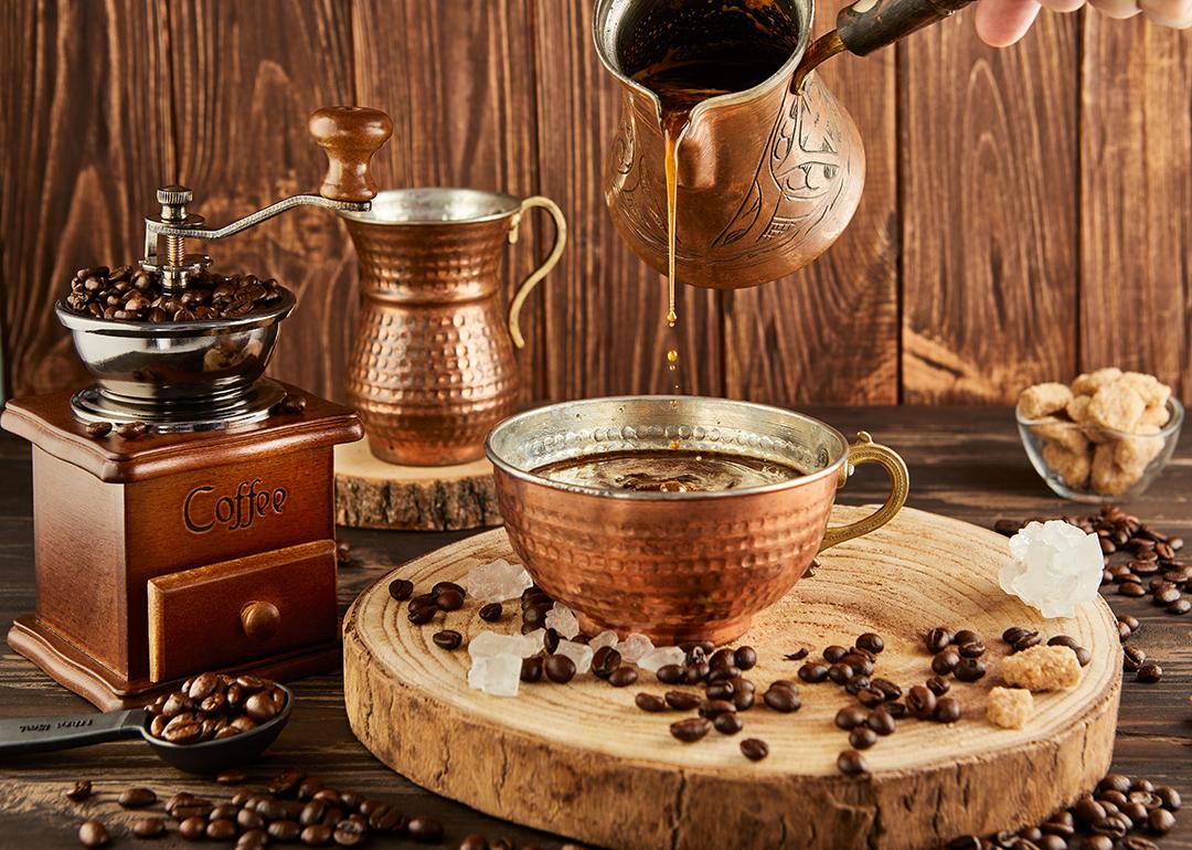 A set of copper coffee set tools.