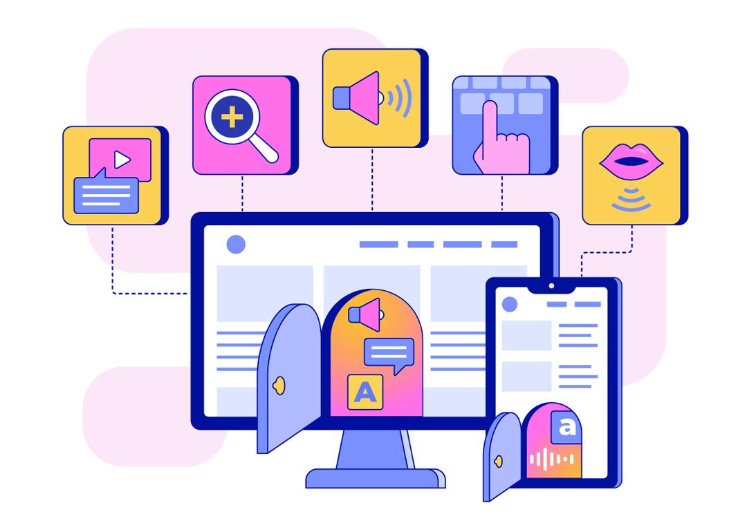 Vector illustration depicting digital accessibility with monitors showing various accessibility services or functions from a computer.