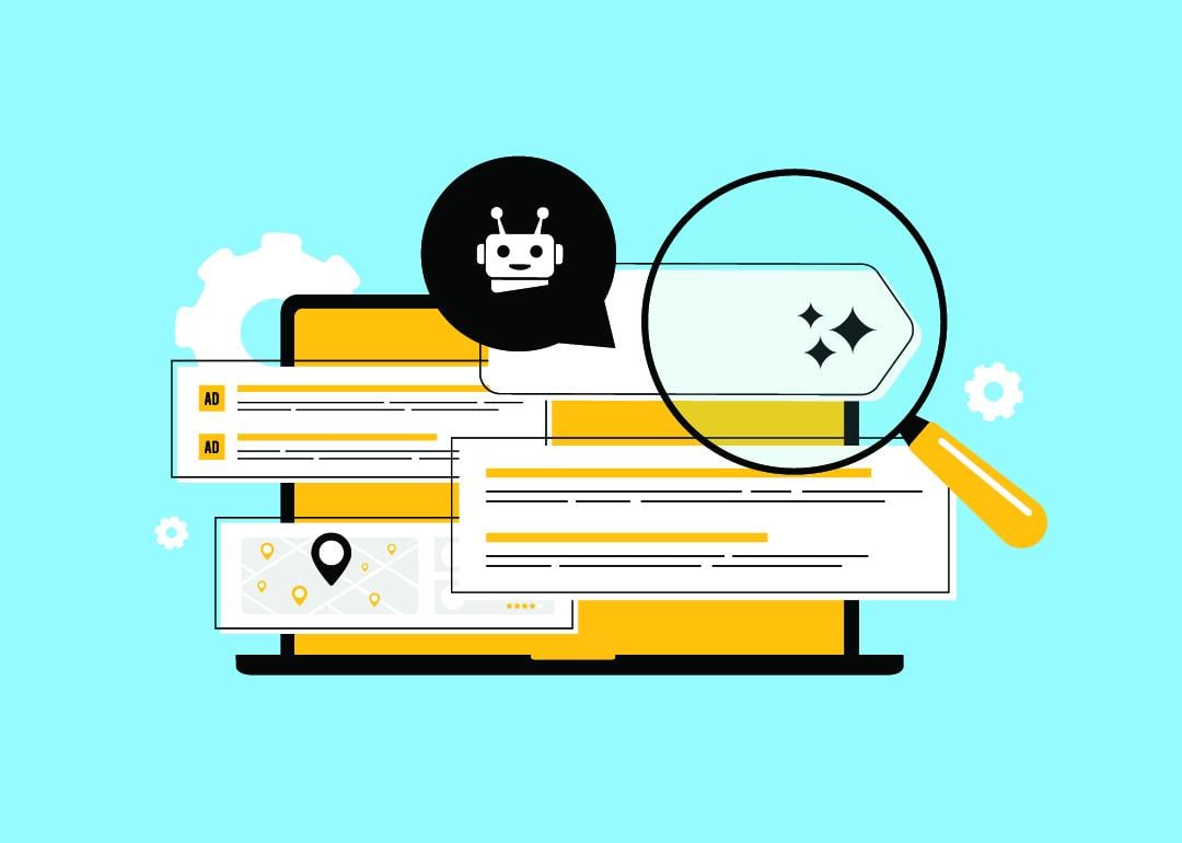 Vector illustration depicting generative engine optimization (GEO) for AI-driven searches.