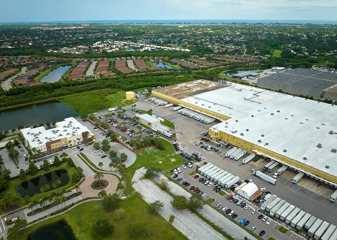 Aerial view of large commercial loading bay for delivery trucks in Sarasota, Florida.