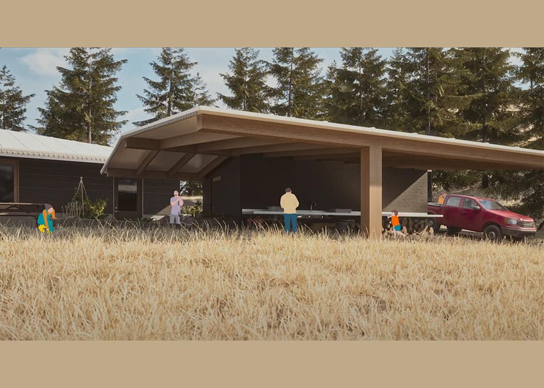 A rendering of a shed as part of Yunesit'in wildfire-resilient house.