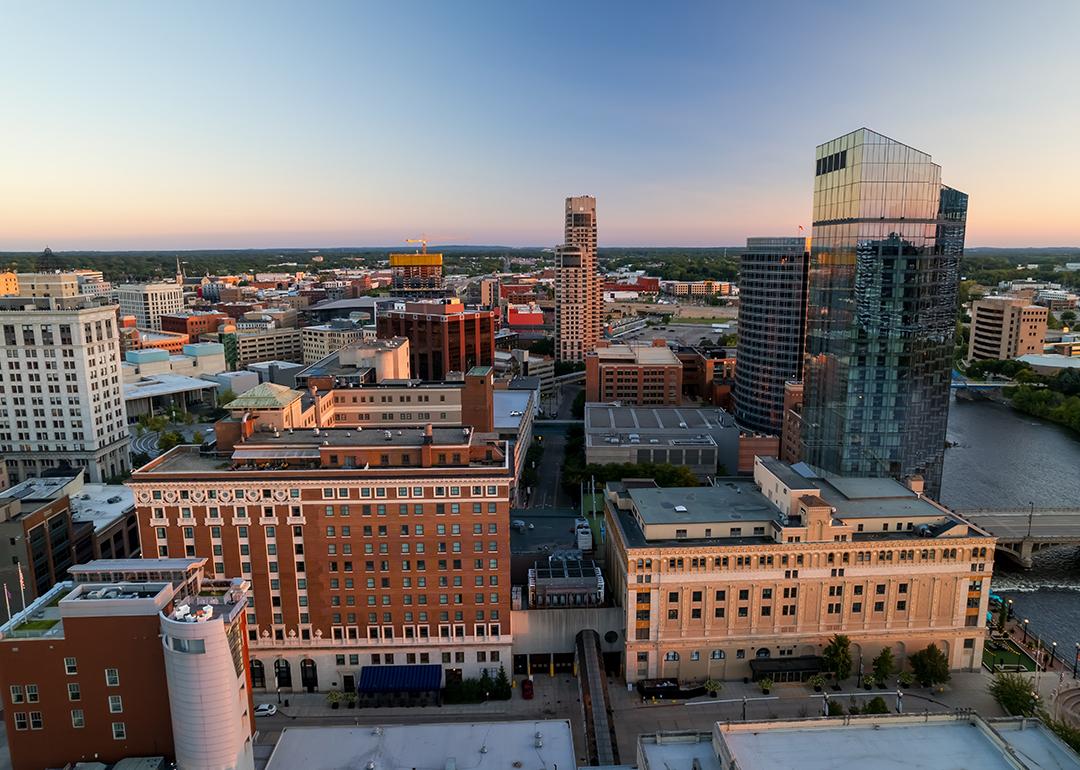Aerial view of downtown Grand Rapids during sunset.