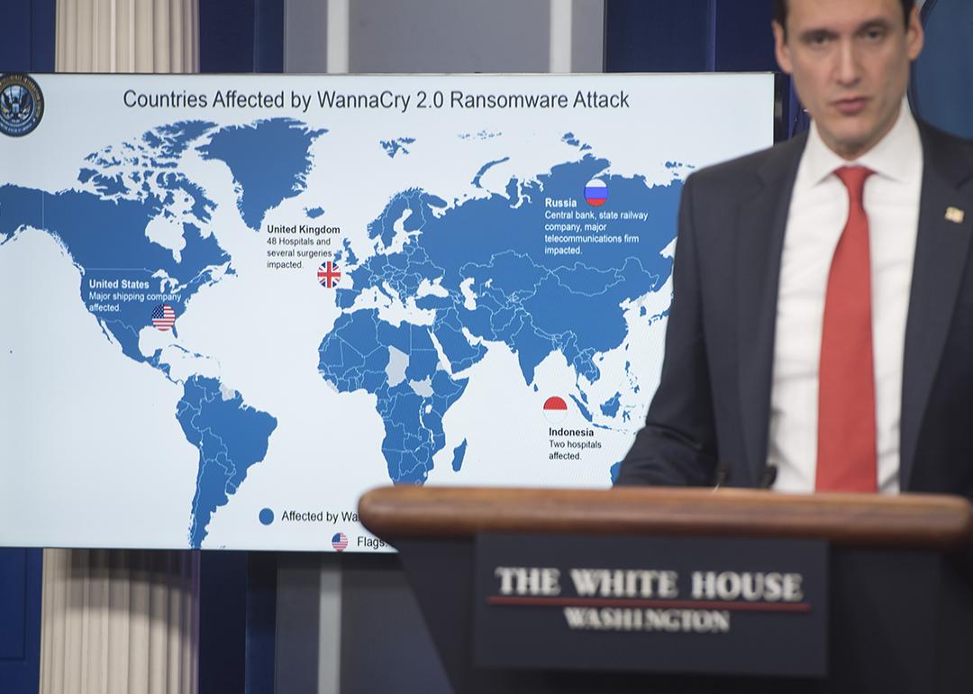 United States Homeland Security Advisor, Tom Bossert, presents a briefing on WannaCry virus which the US believes to be a cyber attack by North Korea.