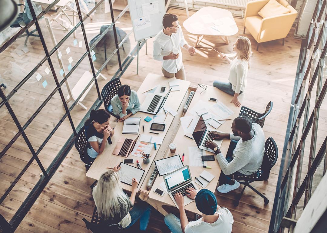 High-angle view of a creative business team in a meeting.