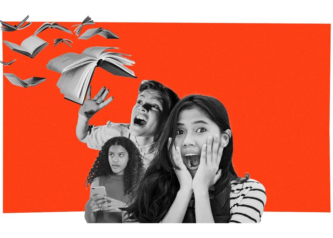 Collage of curious and surprised children and books in black and white over a red background.