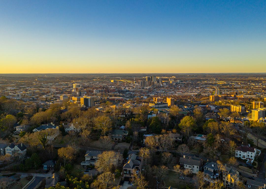 Aerial view of downtown Birmingham in Alabama during sunset.