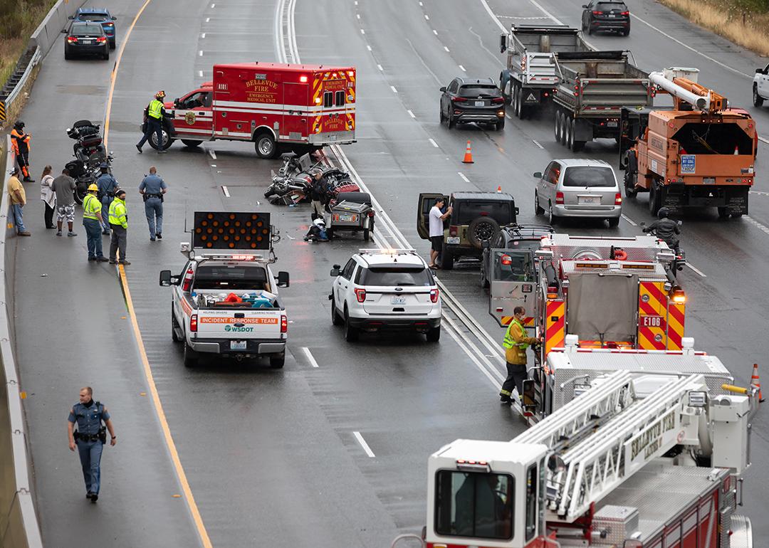 A motorcycle accident on Interstate 405 in Kirkland, Washington.