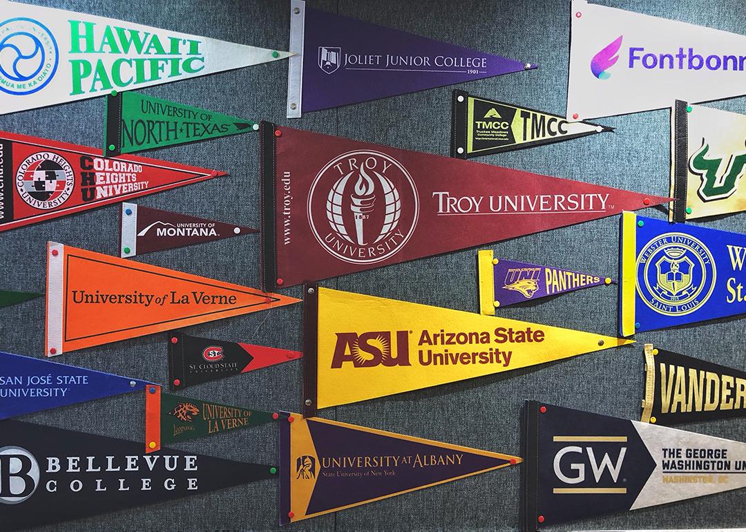 Pennant flags of US colleges and universities on a wall.