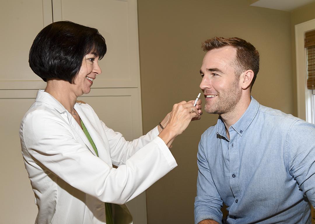 Actor James Van Der Beek gets vaccinated with a needle-free, nasal-spray vaccine called FluMist.