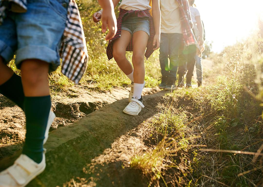 Close up of young campers' legs as they hike downhill in a forest path.