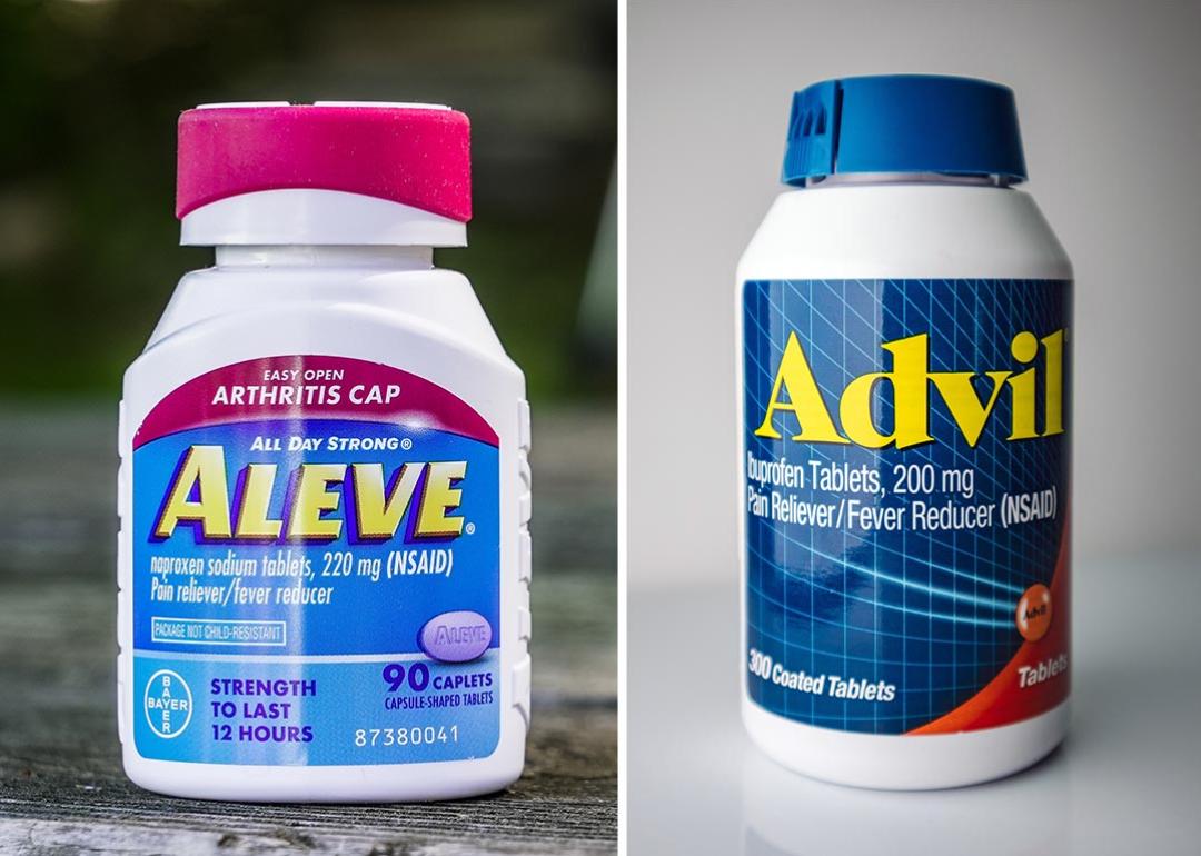 Composite image of a bottle of Aleve with a pink cap on an outdoor table and a bottle of Advil with a blue cap on a white surface.