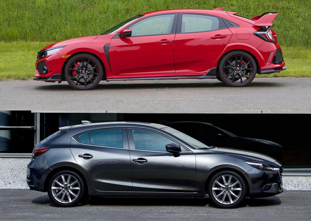 Composite photo of red civic above and black mazda 3 below, both from 2017.