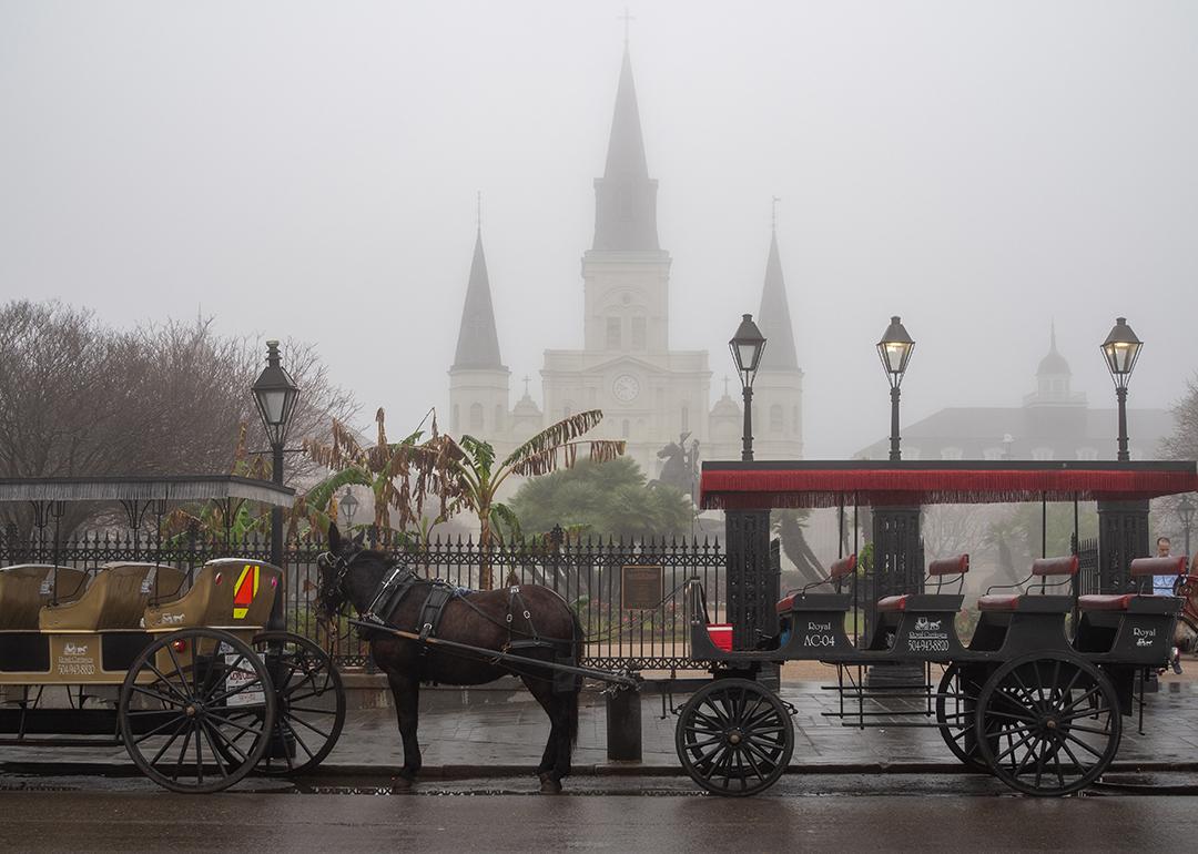 A foggy view of St. Louis' Cathedral in New Orleans, Louisiana on a rainy day.