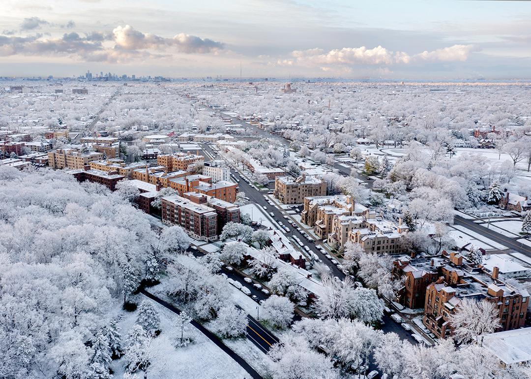 Aerial view of Detroit's Palmer Park neighborhood covered in snow.