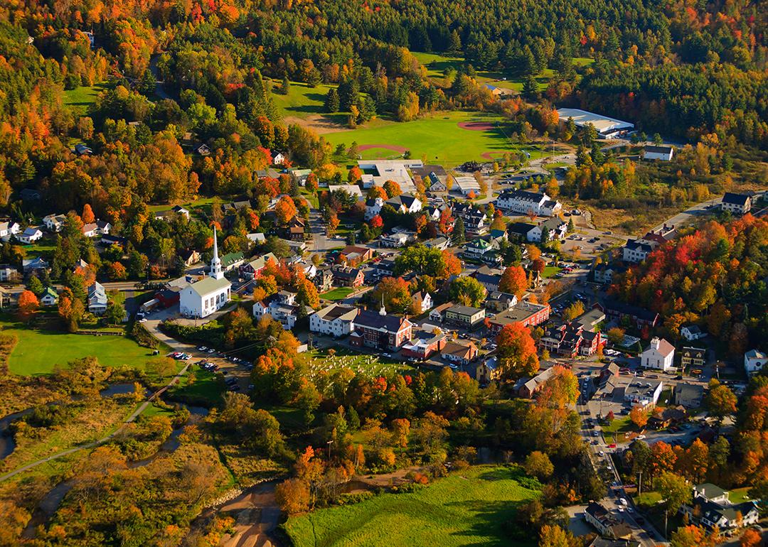 Aerial view of a rural village in Stowe, Vermont during fall.