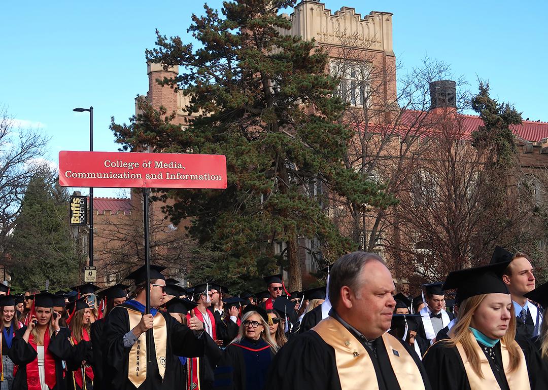 Graduation day and commencement ceremony at the University of Colorado, Boulder campus.