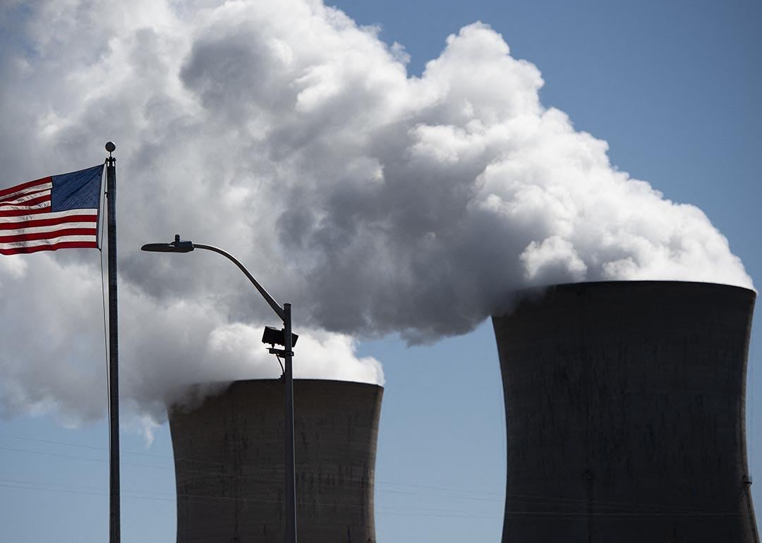 Steam rises out of the nuclear plant on Three Mile Island, with the operational plant run by Exelon Generation, in Middletown, Pennsylvania on March 26, 2019, forty years after the three mile island meltdown.