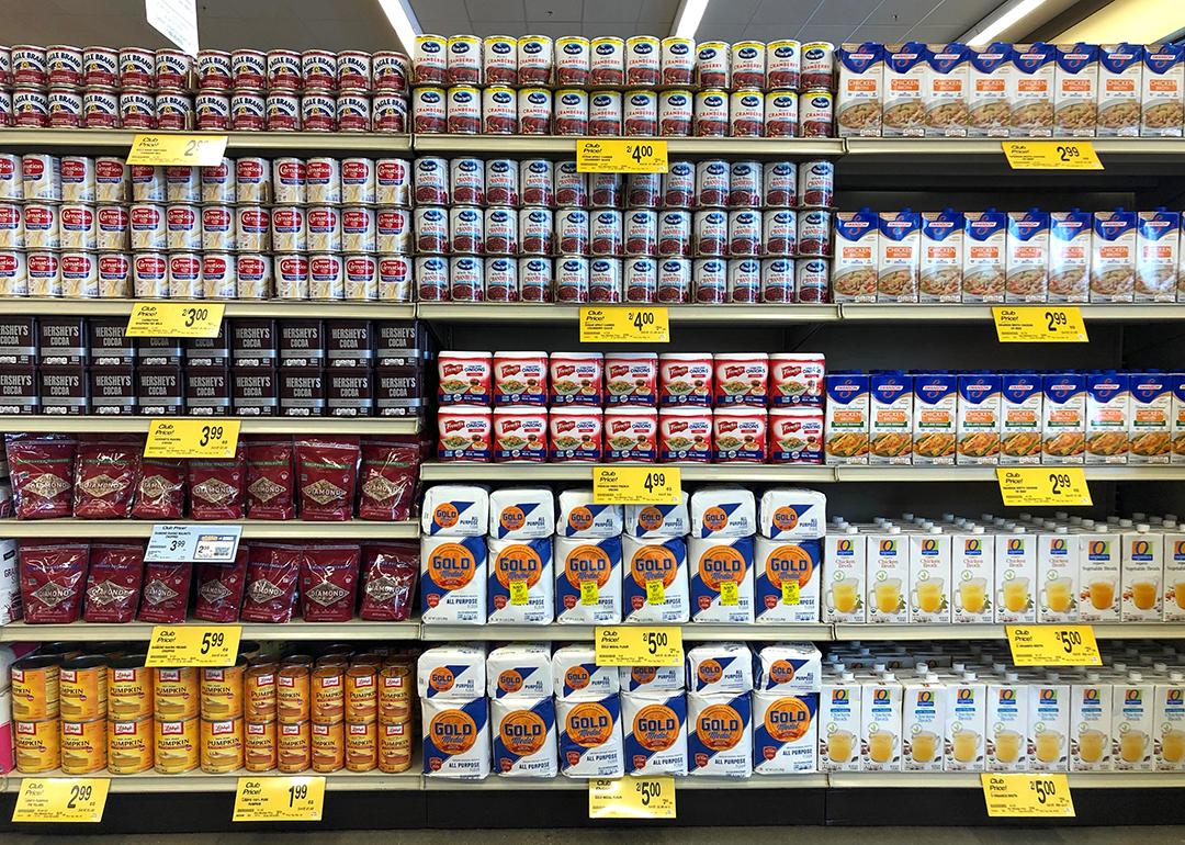 Grocery store shelves of common Thanksgiving and Christmas dinner supplies such as cans of condensed milk, pumpkin puree, and cranberry sauce.