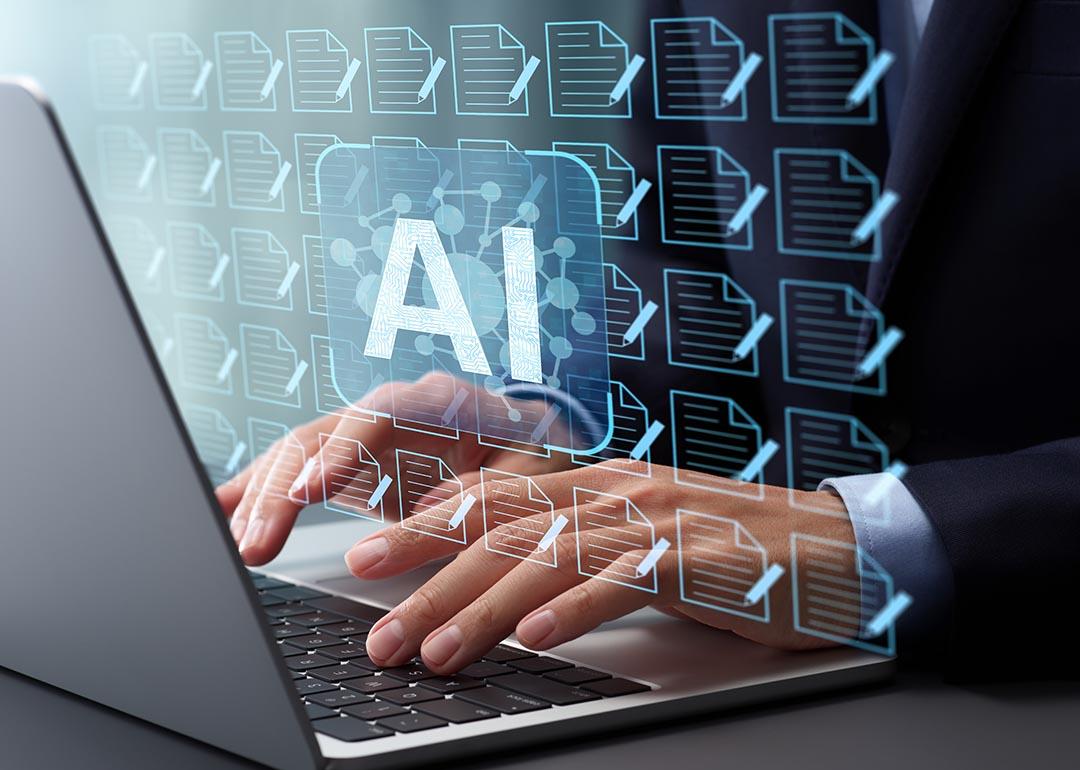 Generative AI artificial intelligence generate text document and abstract papers as symbolized by person typing on laptop icons of many docs covering the image.