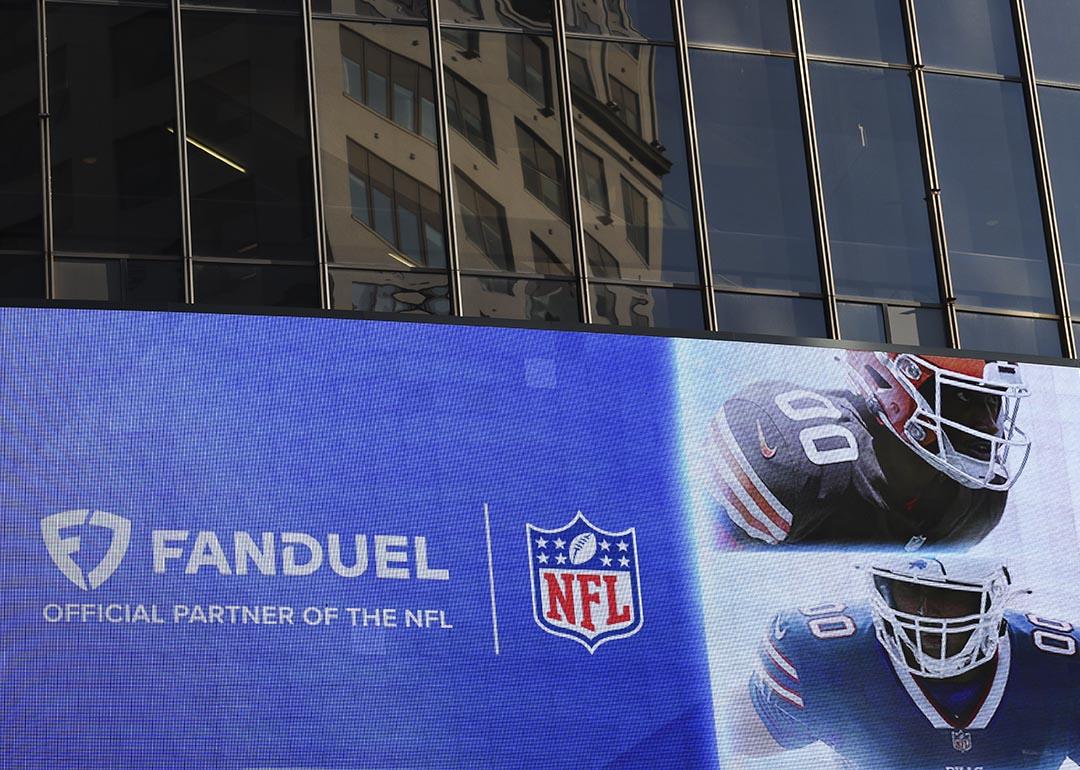 A FanDuel, the official partner of the NFL, gambling advertisement on the exterior of Madison Square Garden on September 03, 2025 in New York City.