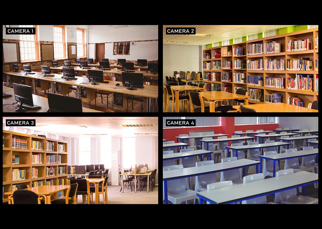 A composite view of security cameras surveilling four different areas of a school including classrooms.