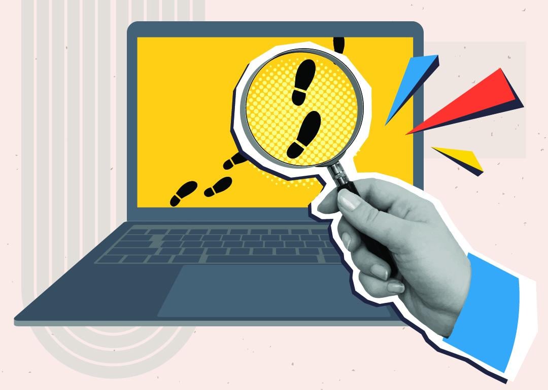 A collage style illustration of a hand holding a magnifying glass over digital footprints on a laptop screen.
