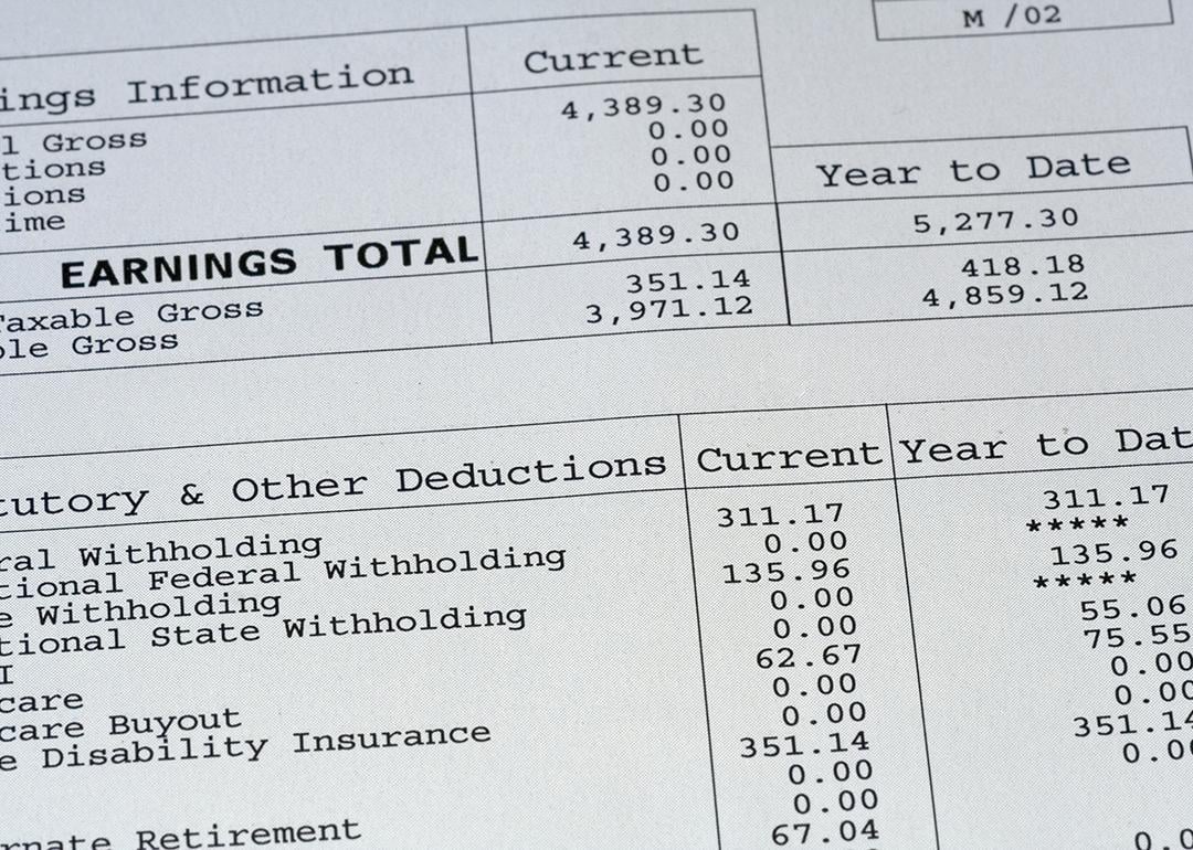 A close up view on a pay stub.
