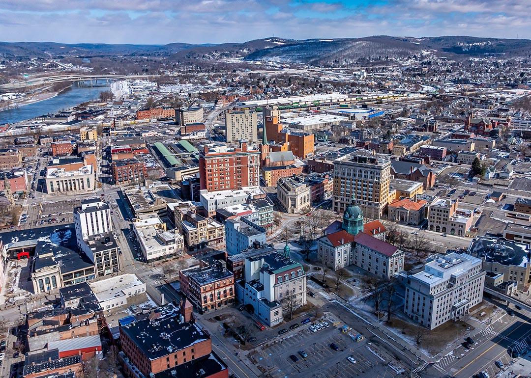 Winter afternoon aerial photo over downtown Binghamton, NY in March 2025.