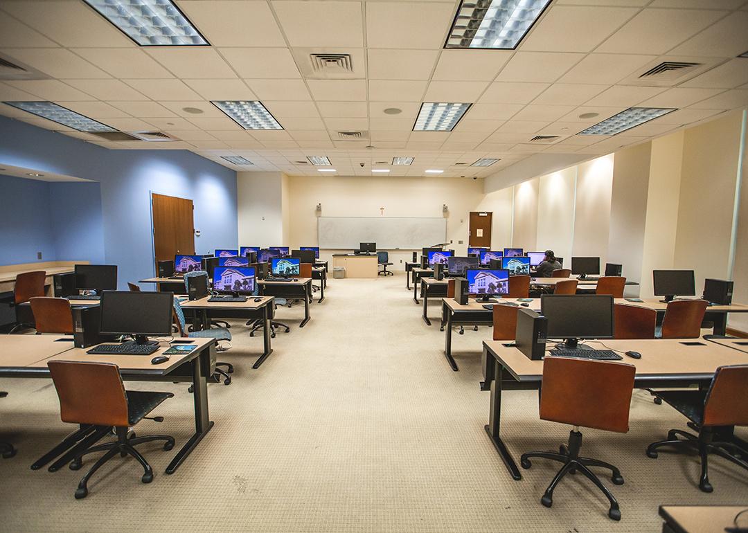 A classroom equipped with computers inside Spring Hill College's Library Building in Mobile, Alabama.