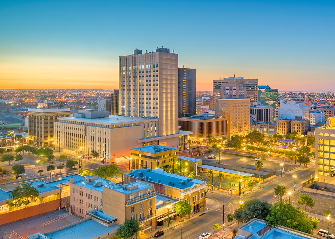 Aerial view of downtown El Paso in Texas at dusk.