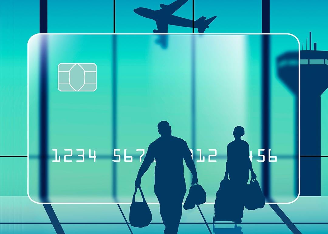 A 3D illustration of a credit card with air travelers in an airport terminal.