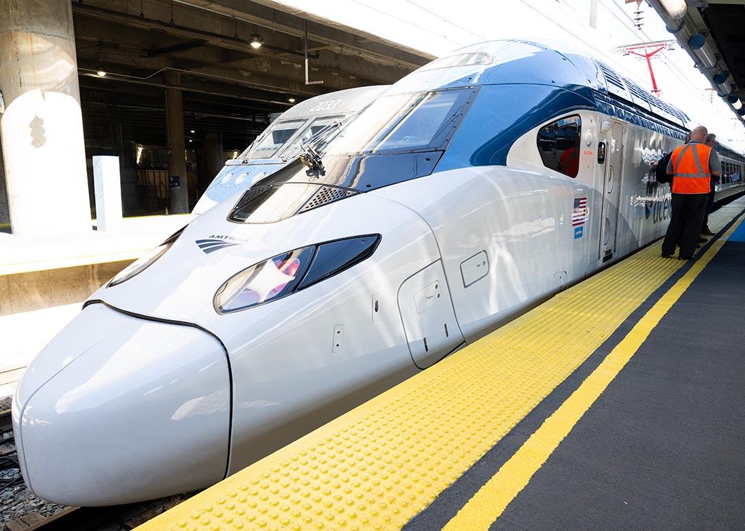 An Amtrak NextGen Acela, an all-new high speed train with a top speed of 160mph that will run between Washington, DC, and Boston, is seen at Union Station in Washington, DC, August 27, 2025. 