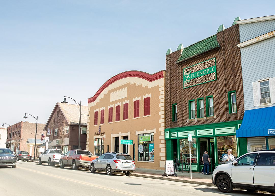 The main street in the borough of Zelienople in Pennsylvania on a sunny day.