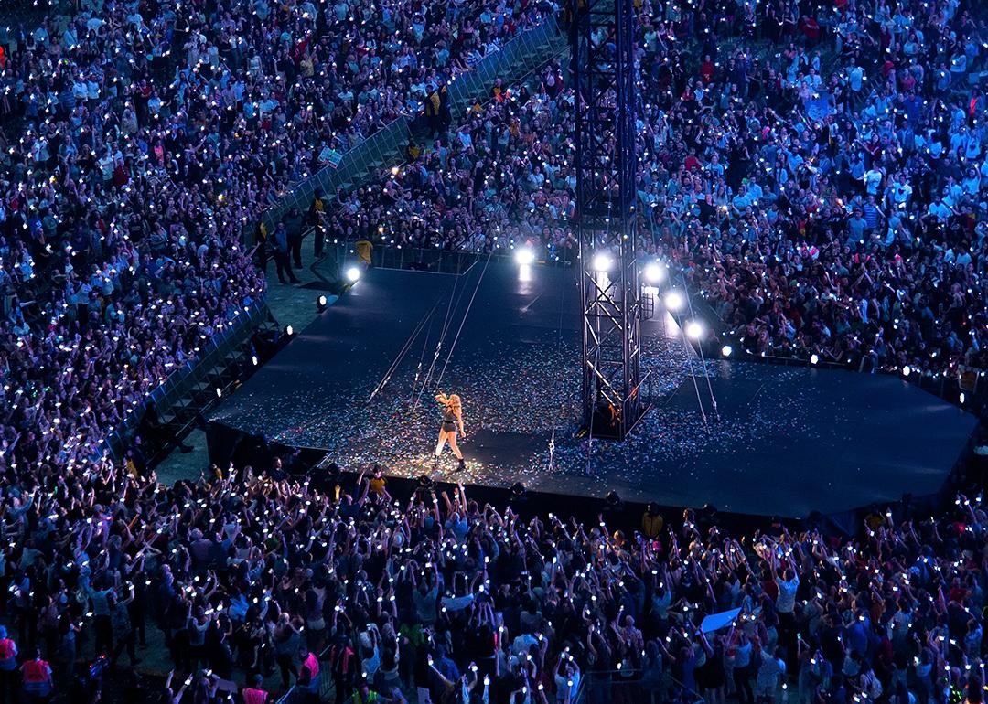 High-angle view above stage of Taylor Swift performing in concert at Wembley Stadium on June 23, 2018 in London, United Kingdom.