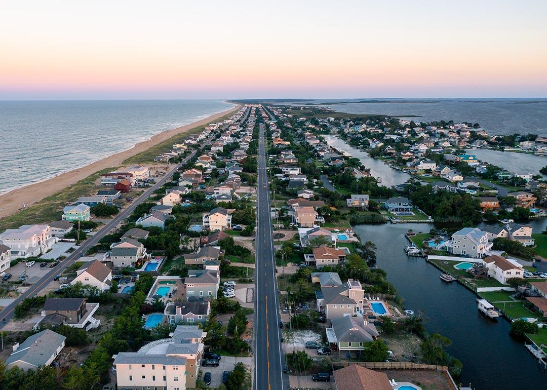 Aerial View looking south of the Sandbridge area of Virginia Beach at Sunset.
