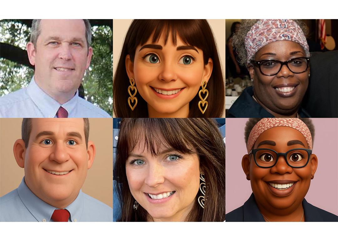 Composite image of 3 teachers who use the math tutoring app Goblins and the 3 avatars created from their photos. 